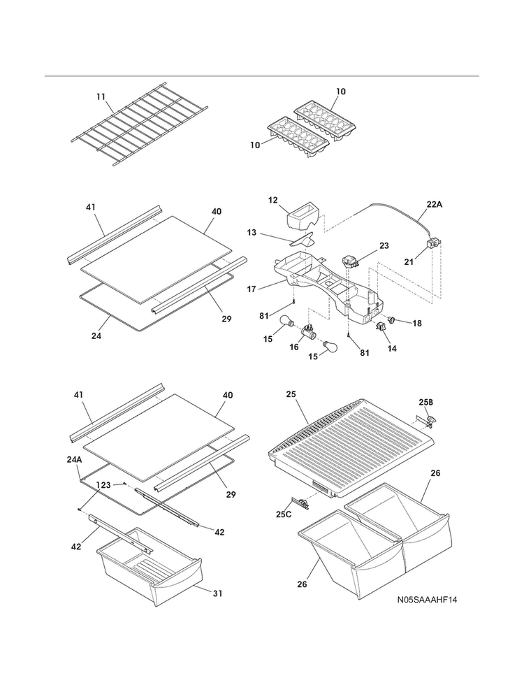 Shelves Diagram and Parts List for 2536178901B  Kenmore Refrigerator