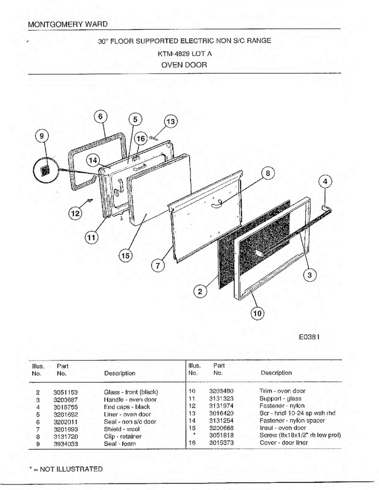 Oven Door Diagram and Parts List for 4829A  Frigidaire Range