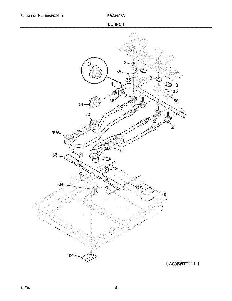 BURNER Diagram and Parts List for FGC26C3AUC  Frigidaire Cooktop