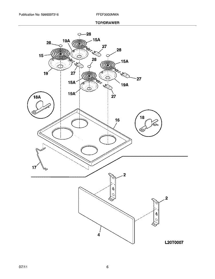 TOP/DRAWER Diagram and Parts List for FFEF3000MWA  Frigidaire Range