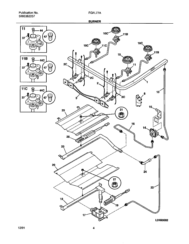 BURNER Diagram and Parts List for FGFL77ABD  Frigidaire Range
