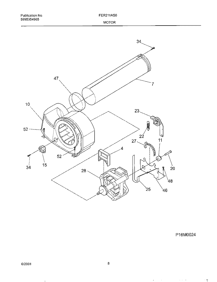MOTOR, BLOWER Diagram and Parts List for FER211AS0  Frigidaire Dryer