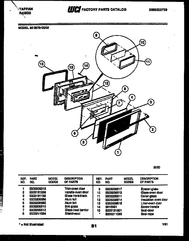 DOOR PARTS Diagram and Parts List for 30-3979-00-02  Tappan Range