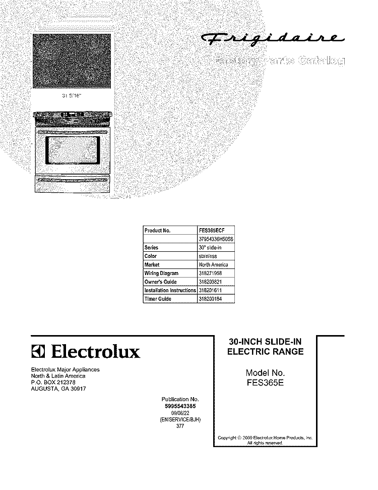 COVER Diagram and Parts List for FES365ECF  Frigidaire Range