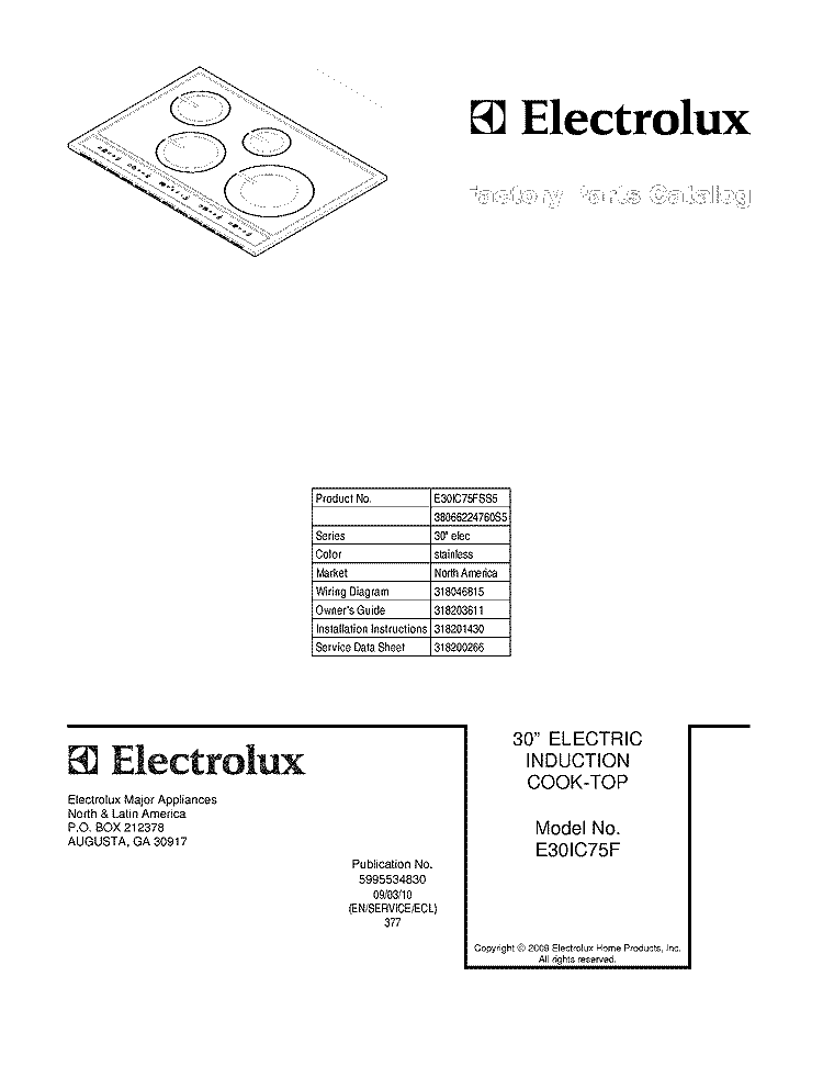 COVER Diagram and Parts List for E30IC75FSS5  Electrolux Cooktop
