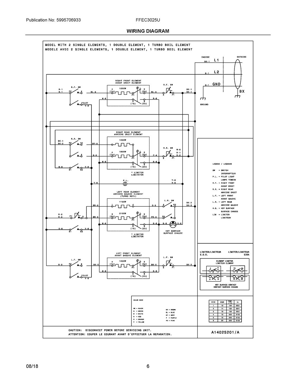 Wiring Diagram Diagram and Parts List for FFEC3025UB  Frigidaire Cooktop