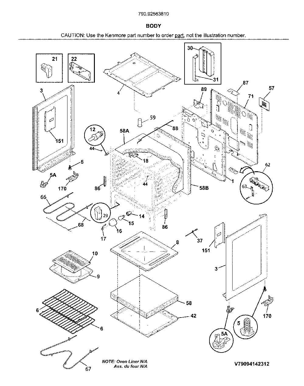 Body Diagram and Parts List for 79092563810  Kenmore Range