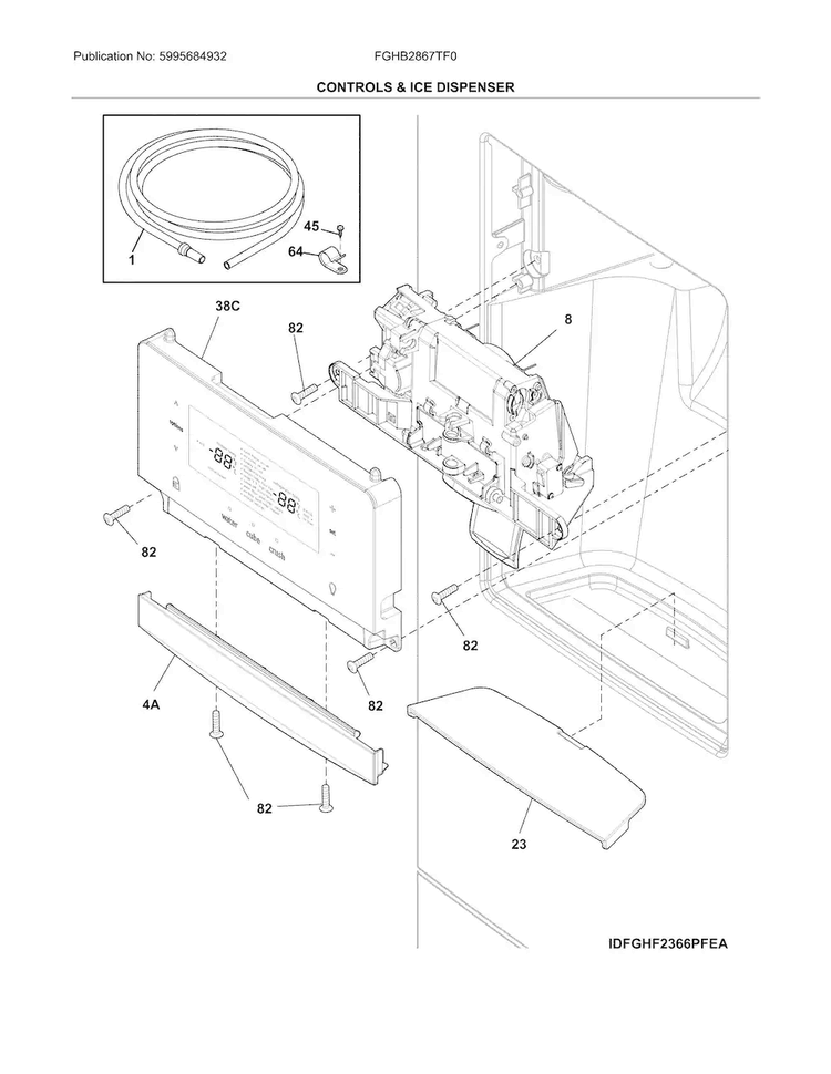Controls & Ice Dispenser Diagram and Parts List for FGHB2867TF0  Frigidaire Refrigerator