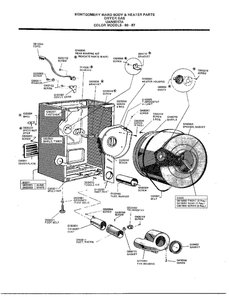Body And Heater Parts Diagram and Parts List for 8517A  Frigidaire Dryer