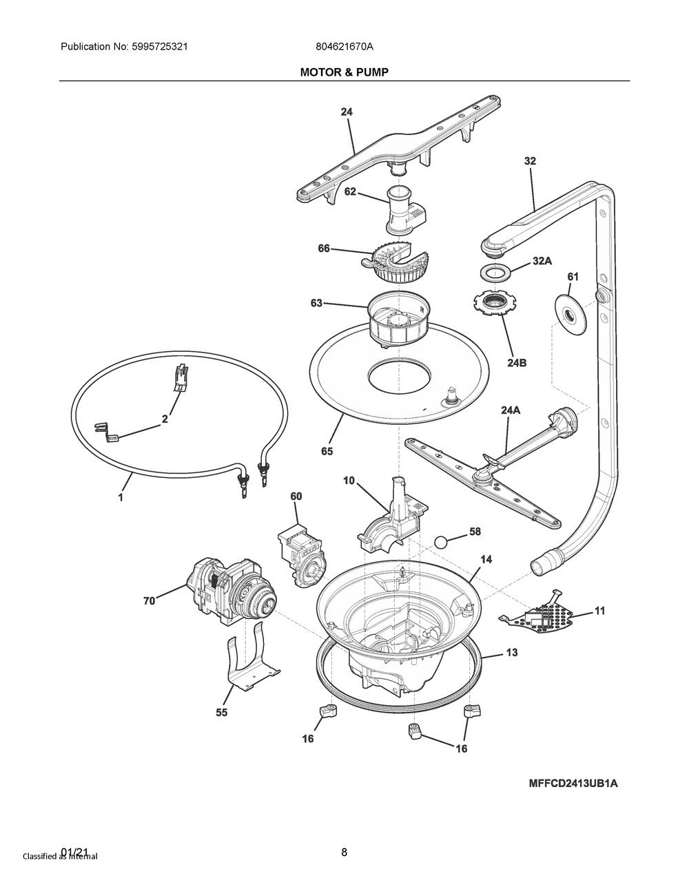 Motor And Pump Diagram and Parts List for 804621670A  Frigidaire Dishwasher