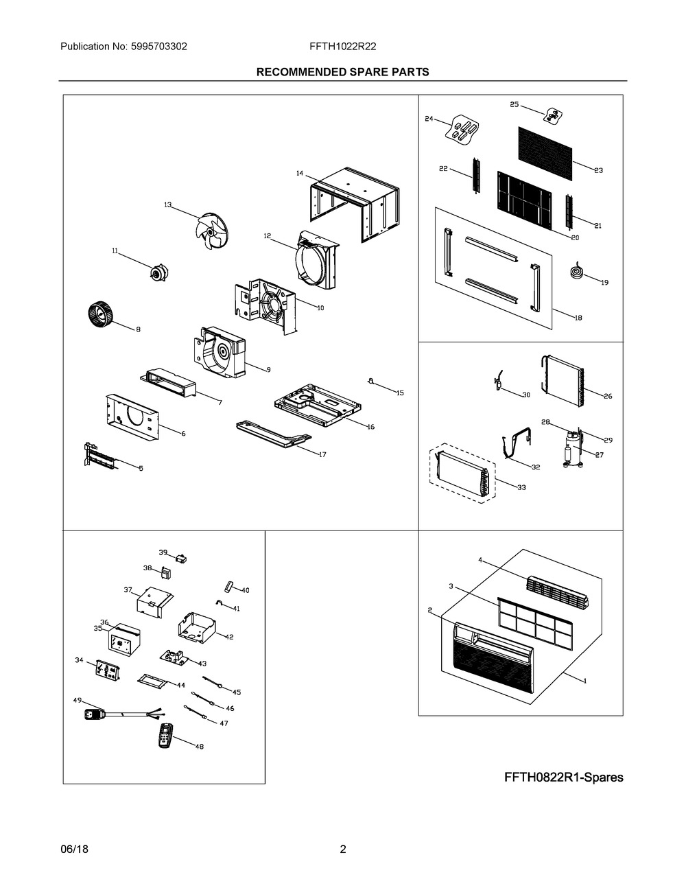 Recommended Spare Parts Diagram and Parts List for FFTH1022R22  Frigidaire Air Conditioner