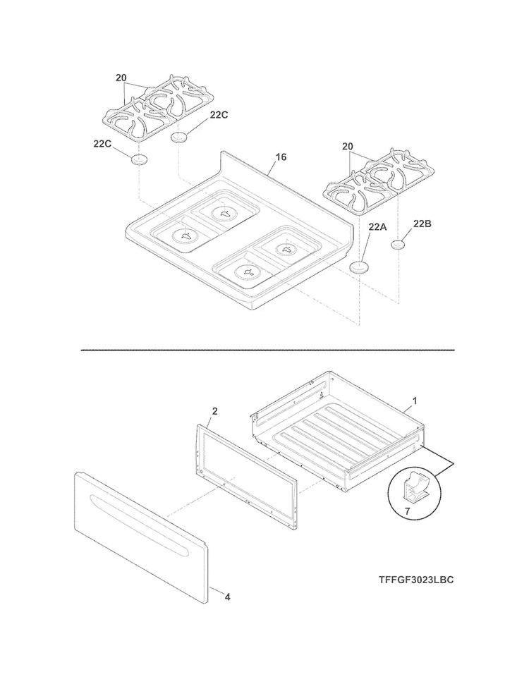 Top/drawer Diagram and Parts List for FFGF3023LWE  Frigidaire Range