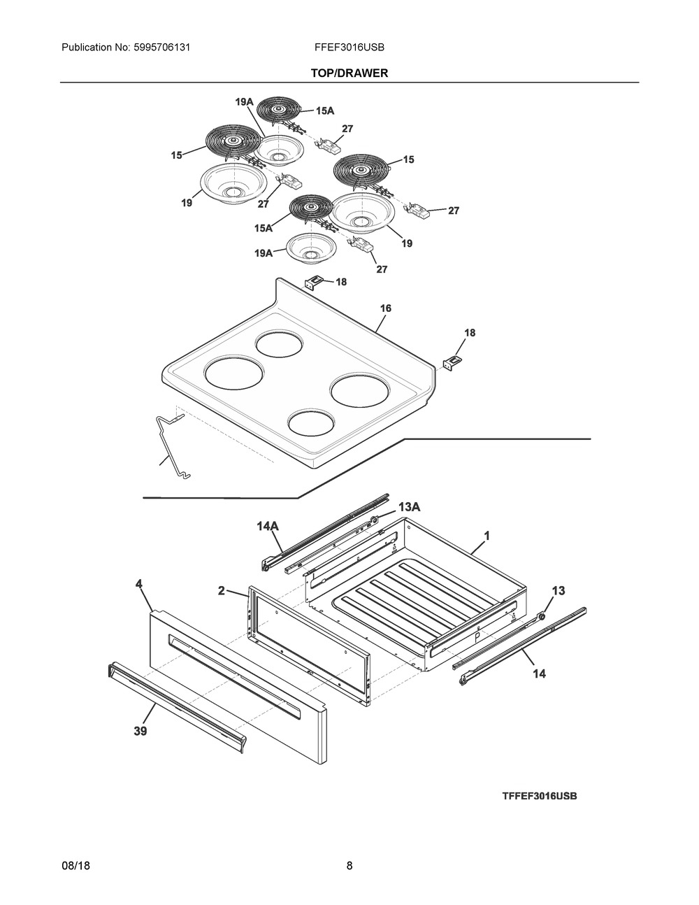 Top/drawer Diagram and Parts List for FFEF3016USB  Frigidaire Range