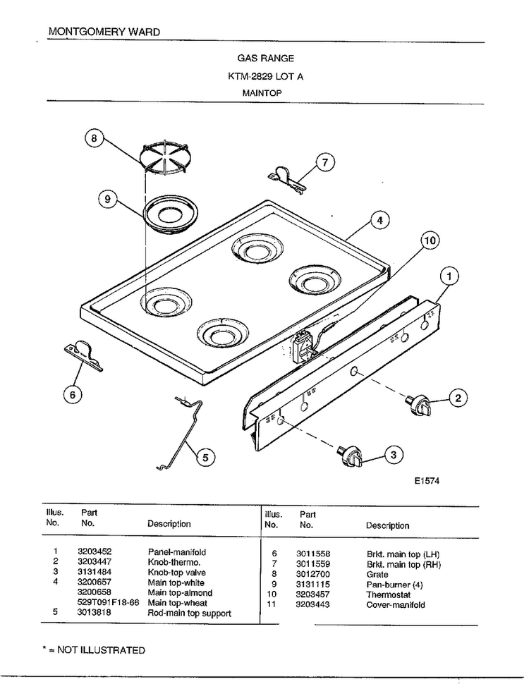 Gas Range/maintop Diagram and Parts List for 2829A  Frigidaire Range
