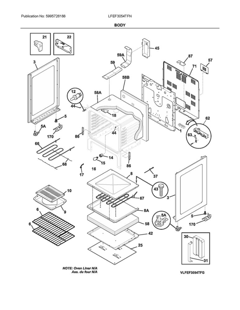 Body Diagram and Parts List for LFEF3054TFN  Frigidaire Range