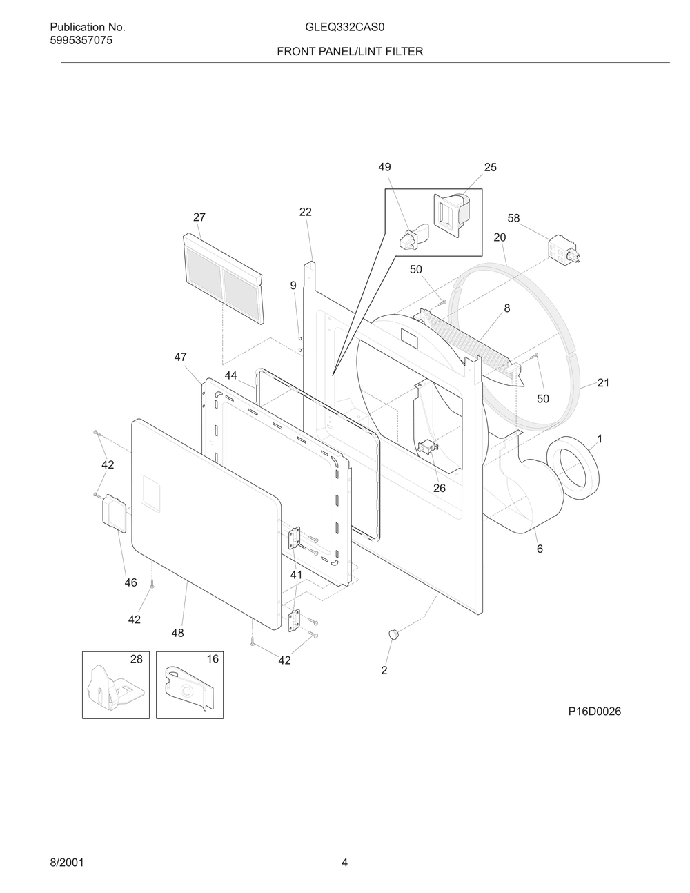Front Panel/Lint Filter Diagram and Parts List for GLEQ332CAS0  Frigidaire Dryer