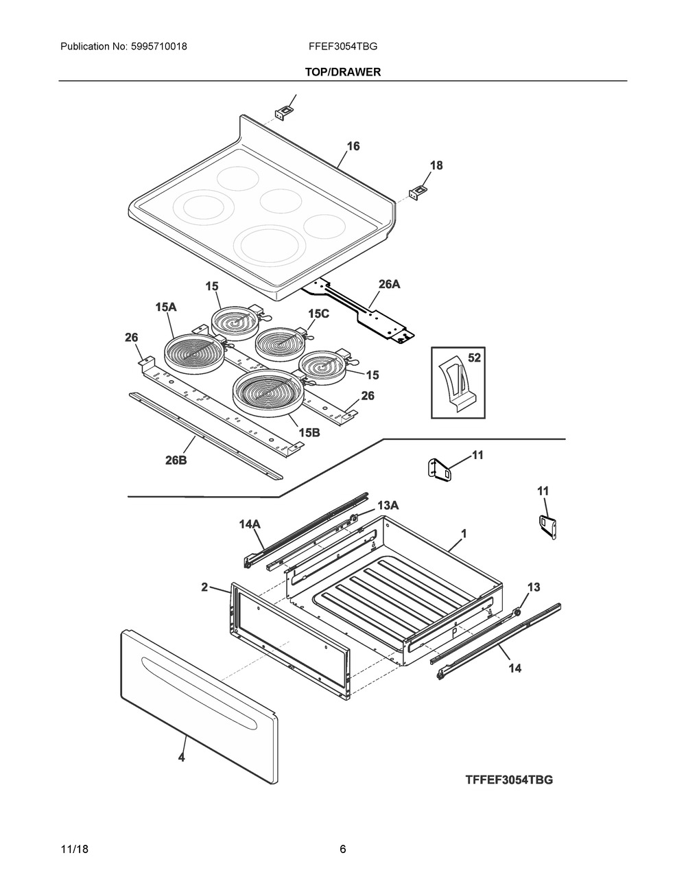 Top/drawer Diagram and Parts List for FFEF3054TBG  Frigidaire Range