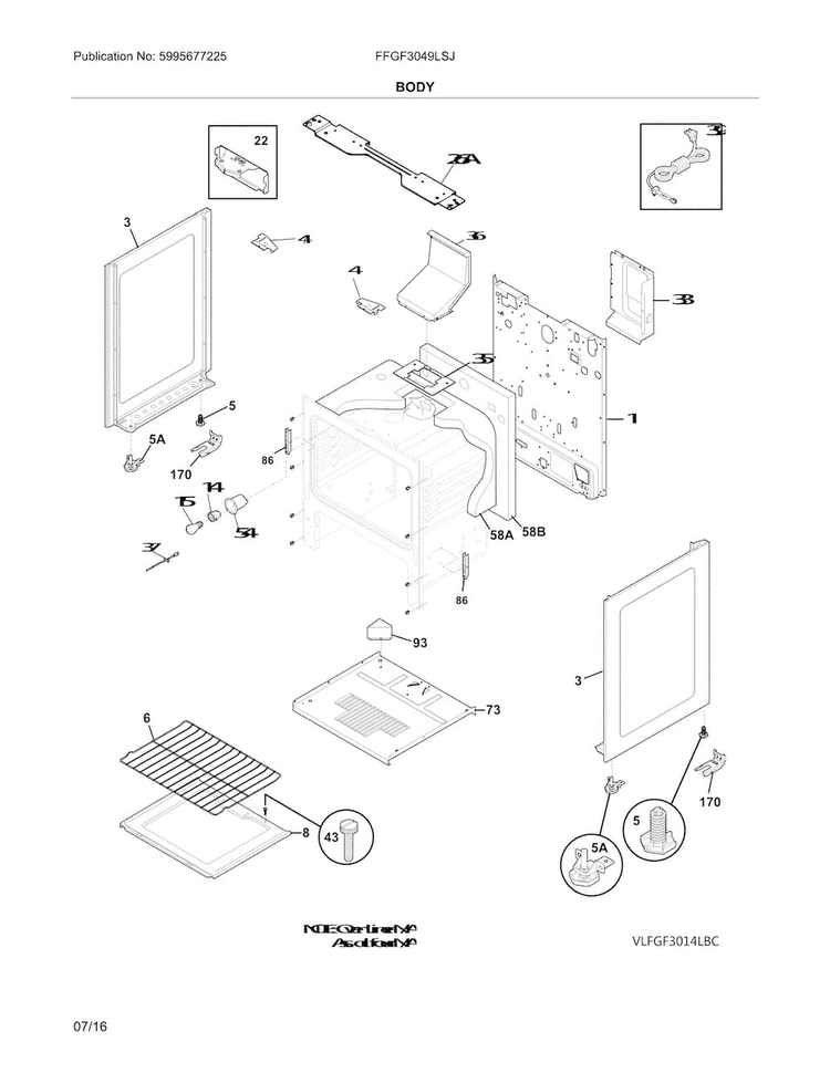 Body Diagram and Parts List for FFGF3049LSJ  Frigidaire Range
