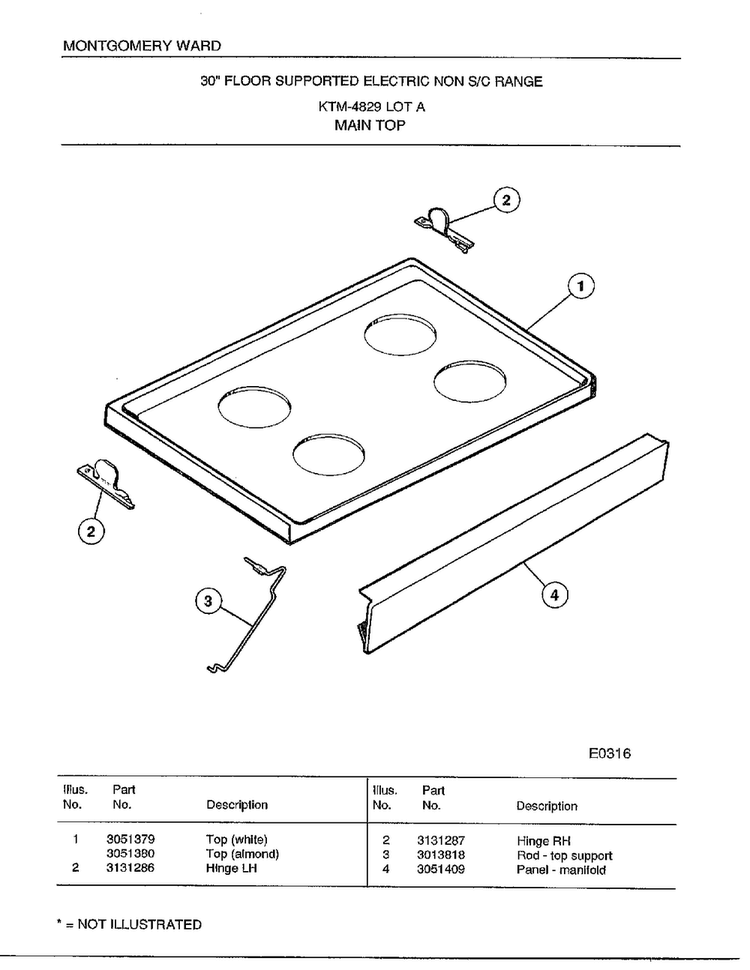 Main Top Diagram and Parts List for 4829A  Frigidaire Range
