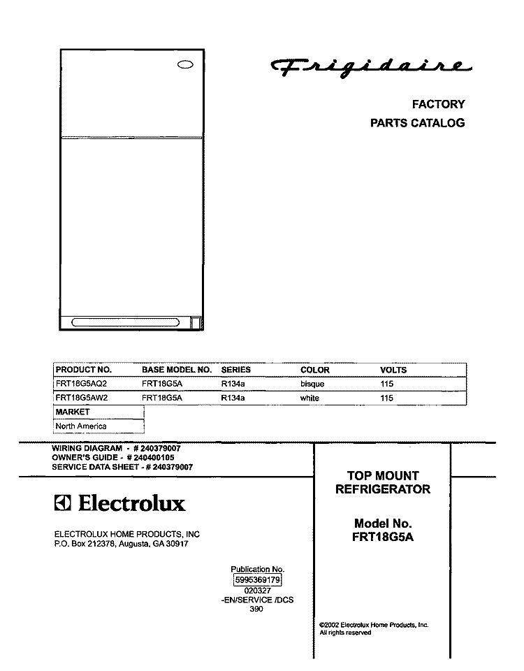 COVER Diagram and Parts List for FRT18G5AW2  Frigidaire Refrigerator