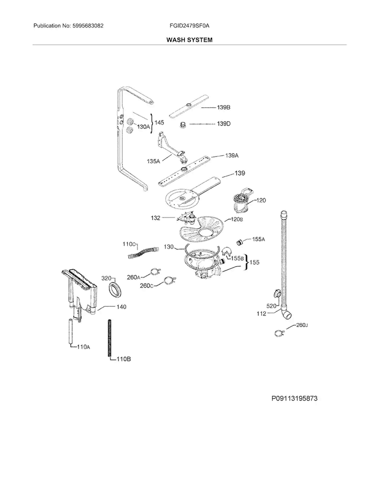 Wash System Diagram and Parts List for FGID2479SF0A  Frigidaire Dishwasher