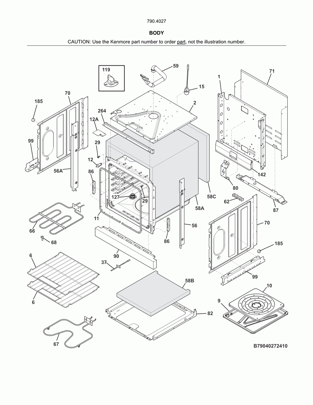 Body Diagram and Parts List for 79040279412  Kenmore Wall Oven