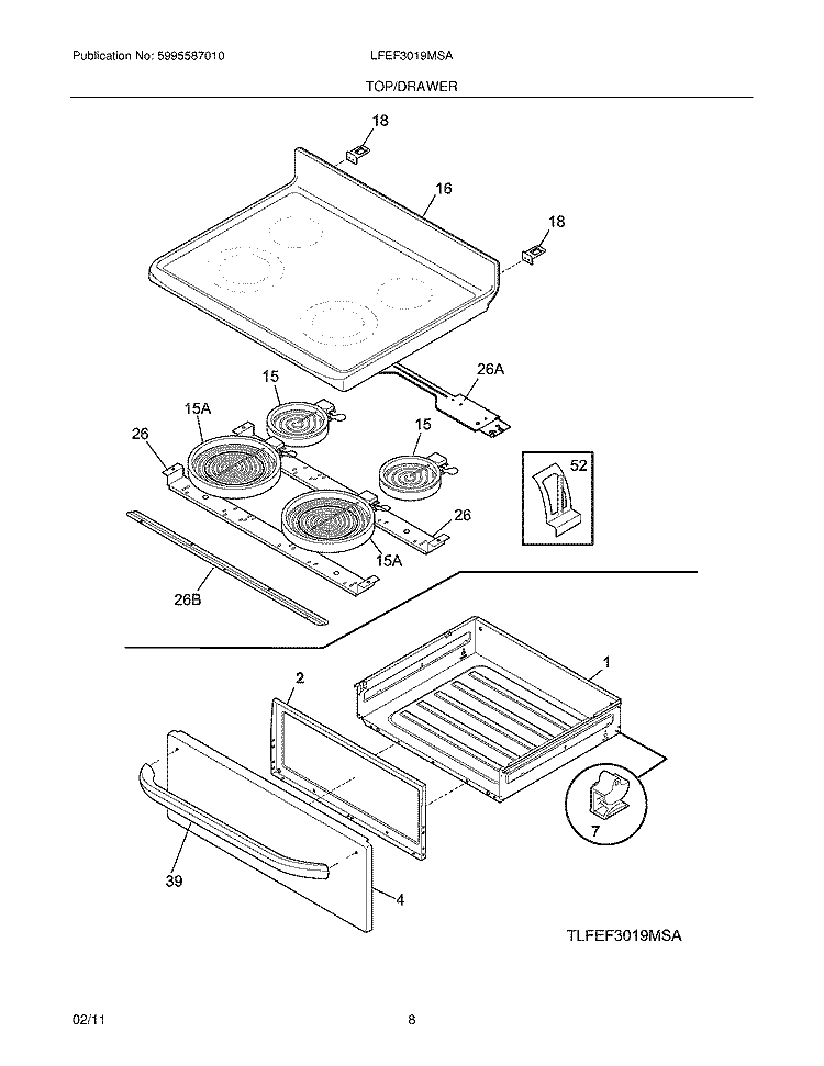 TOP/DRAWER Diagram and Parts List for LFEF3019MSA  Frigidaire Range