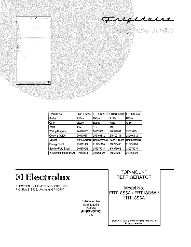 COVER Diagram and Parts List for FRT18S6AWF  Frigidaire Refrigerator