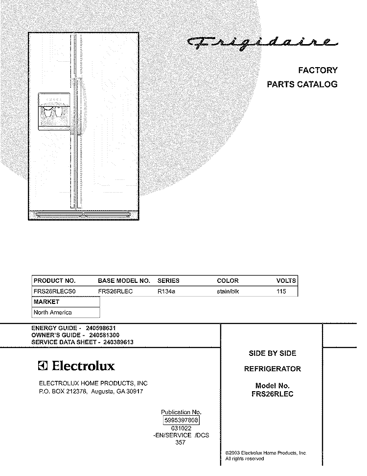 COVER Diagram and Parts List for FRS26RLECS0  Frigidaire Refrigerator