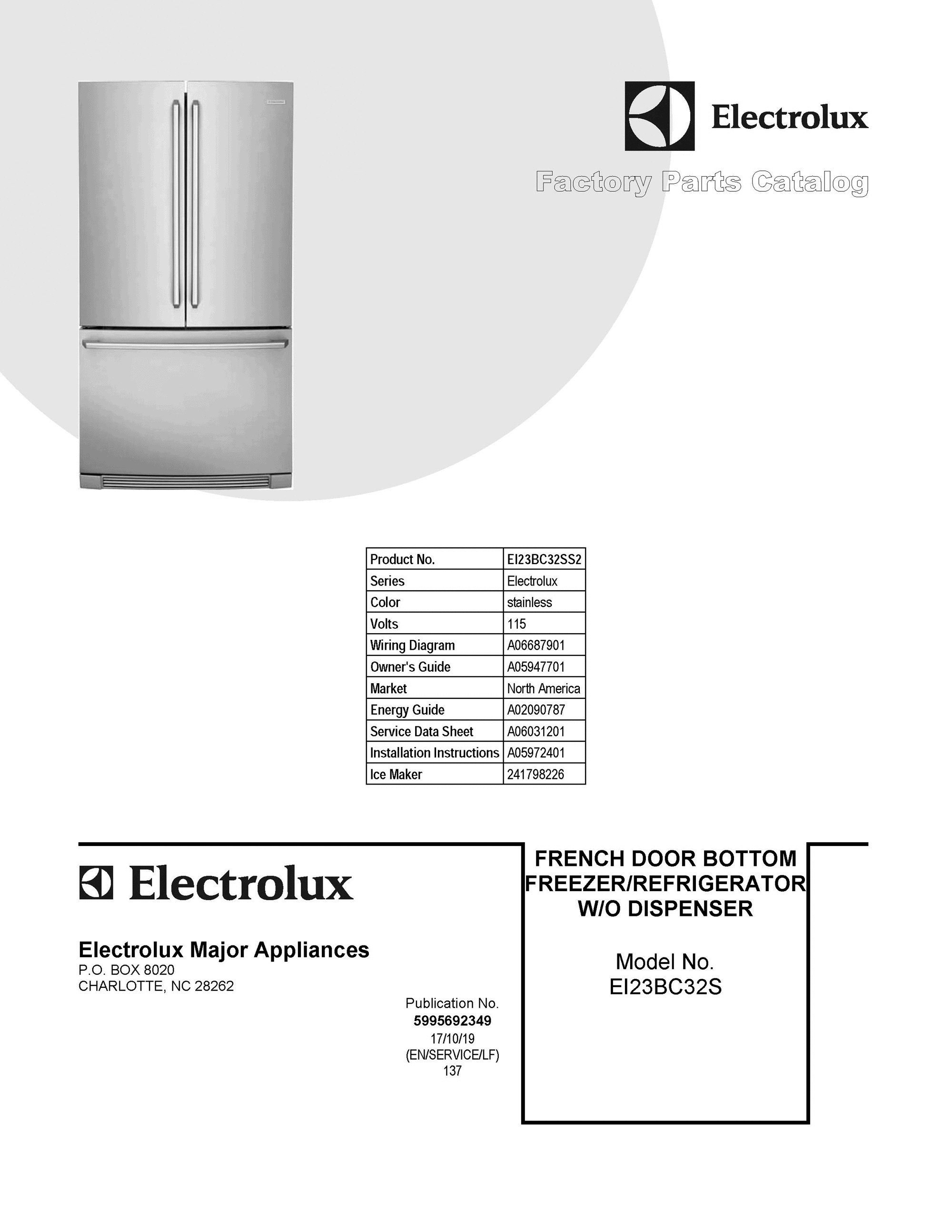 01 - COVER SHEET Diagram and Parts List for EI23BC32SS2  Frigidaire Refrigerator