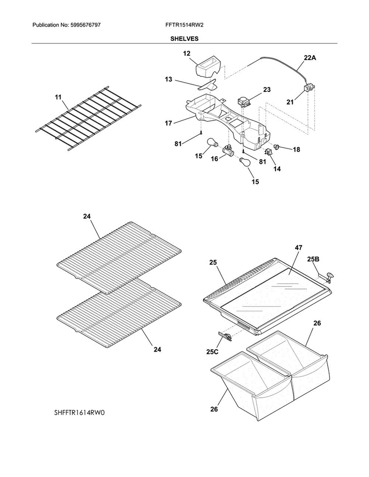 Shelves Diagram and Parts List for FFTR1514RW2  Frigidaire Refrigerator