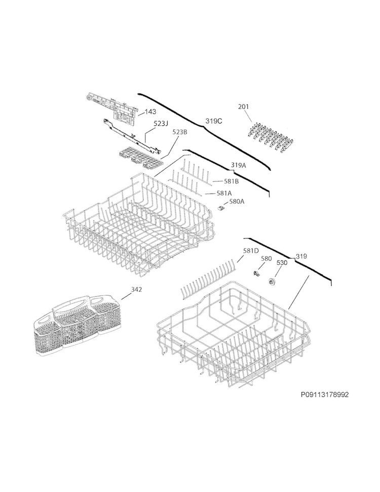Racks Diagram and Parts List for FGID2474QF4B  Frigidaire Dishwasher