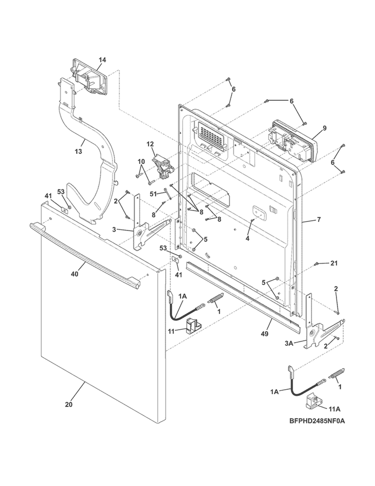 Door Diagram and Parts List for FPHD2485NF2A  Frigidaire Dishwasher