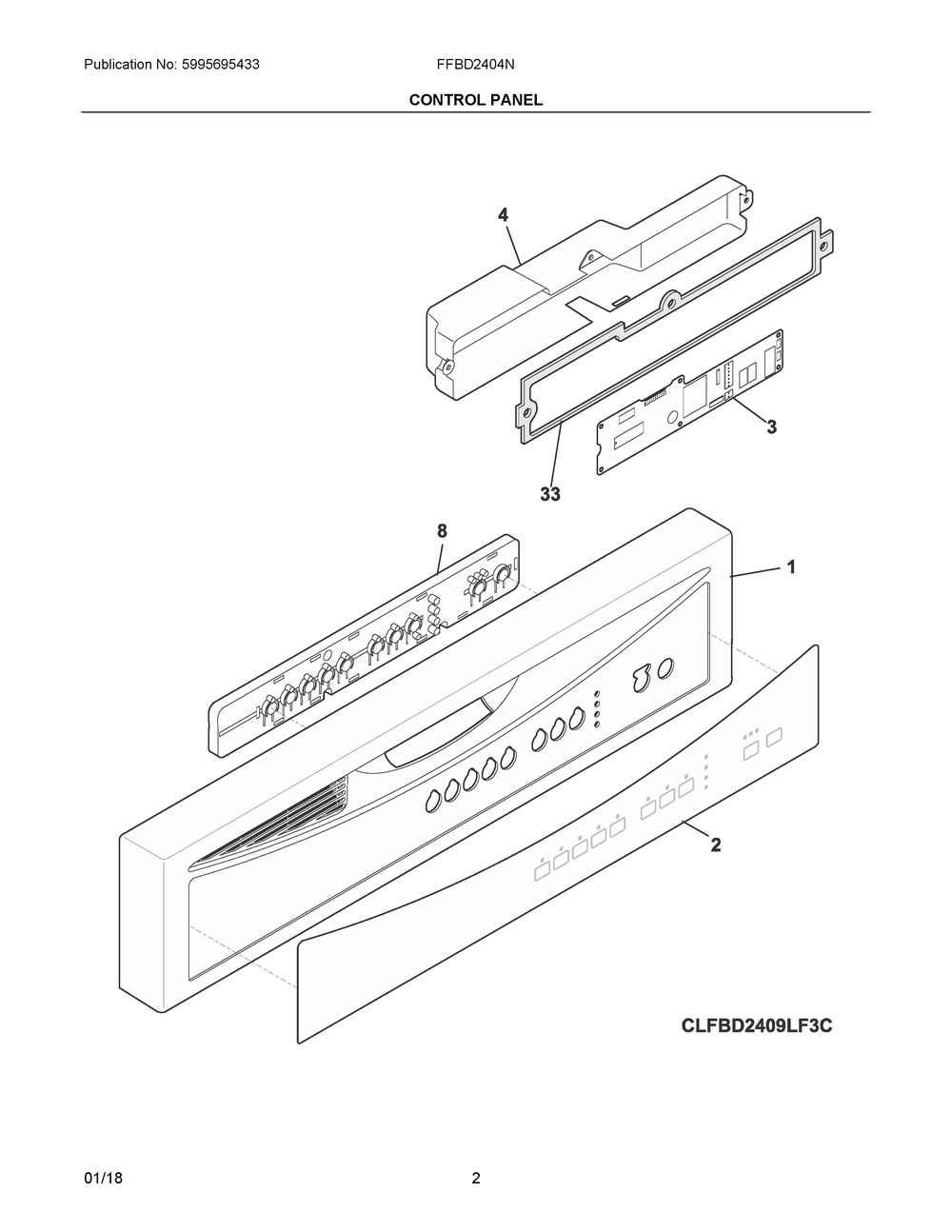 Control Panel Diagram and Parts List for FFBD2404NW10C  Frigidaire Dishwasher