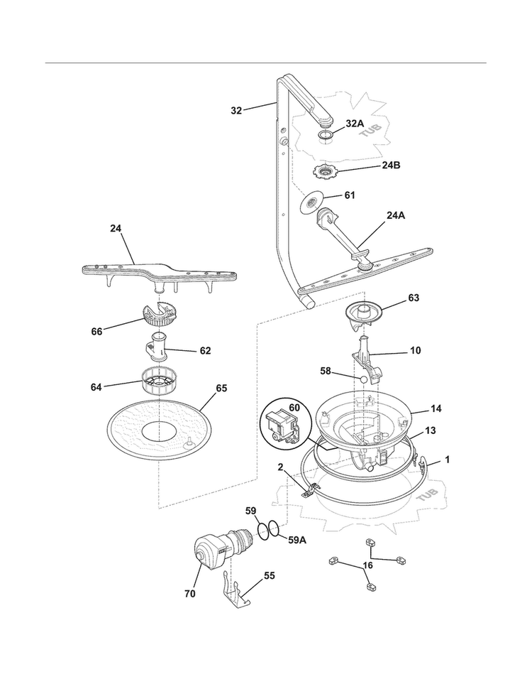Motor & Pump Diagram and Parts List for FDB1450CHB4A  Frigidaire Dishwasher