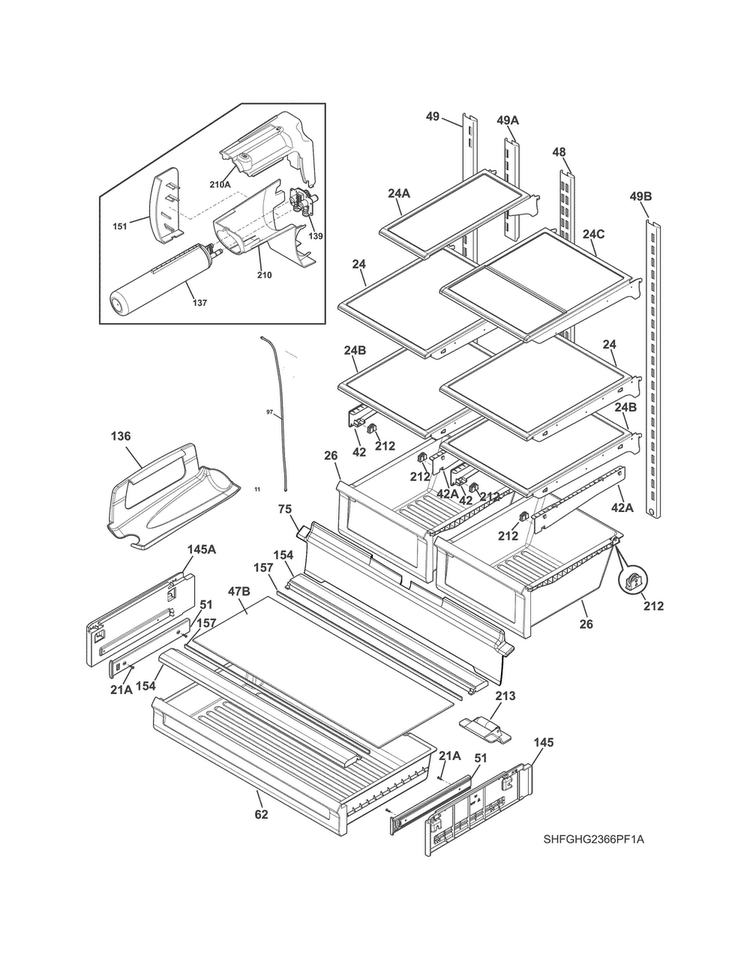 Shelves Diagram and Parts List for DGHF2360PF3A  Frigidaire Refrigerator