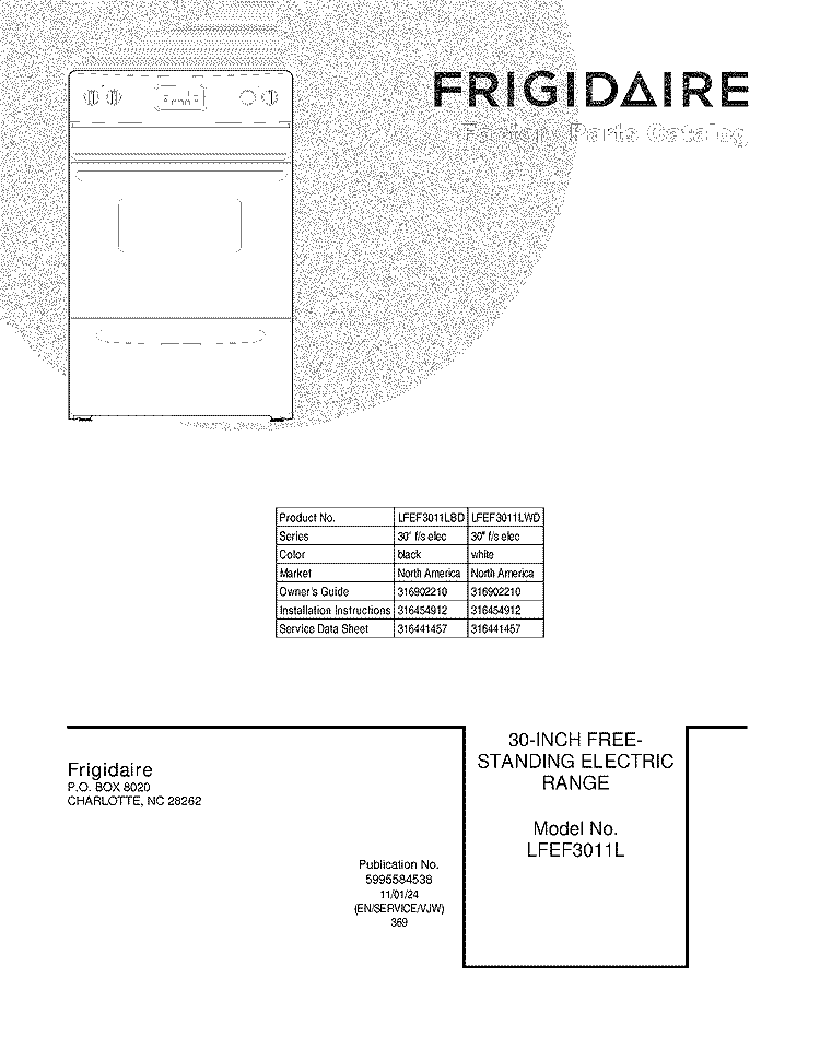 COVER Diagram and Parts List for LFEF3011LBD  Frigidaire Range