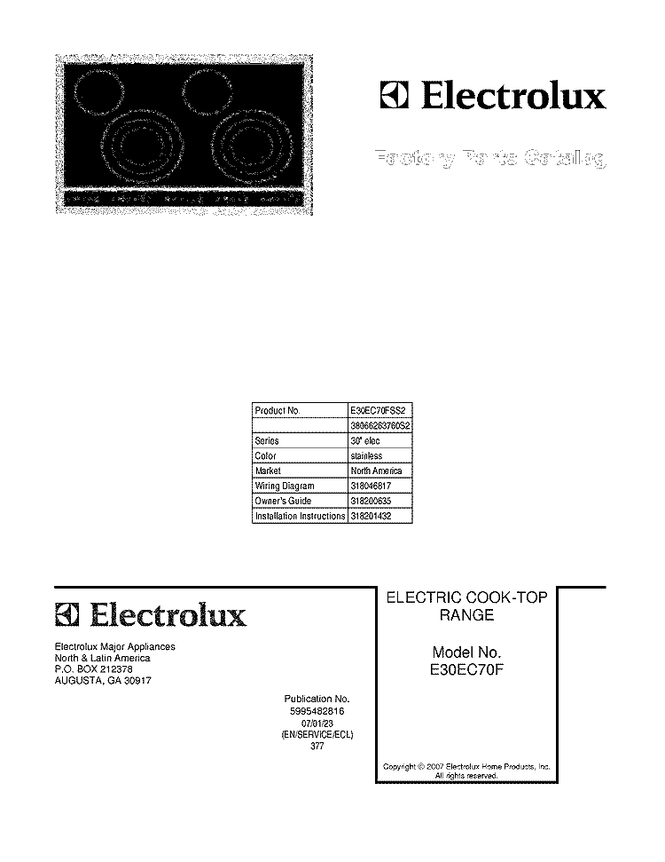 COVER Diagram and Parts List for E30EC70FSS2  Electrolux Cooktop