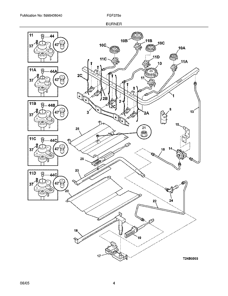 BURNER Diagram and Parts List for FGF375EQA  Frigidaire Range