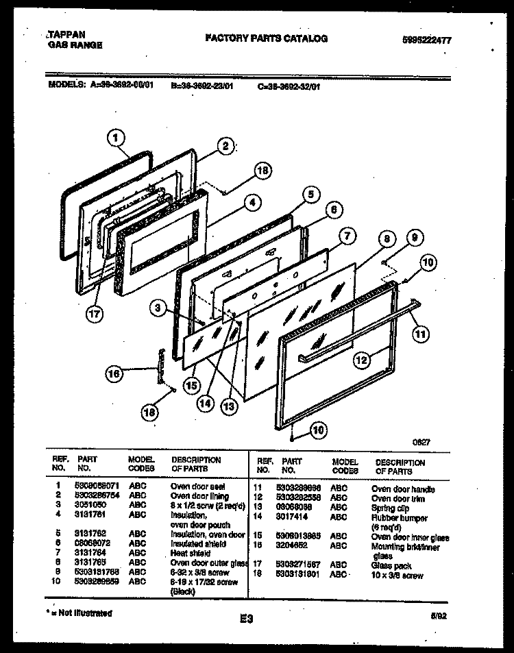 DOOR PARTS Diagram and Parts List for 36-3692-23-01  Tappan Range