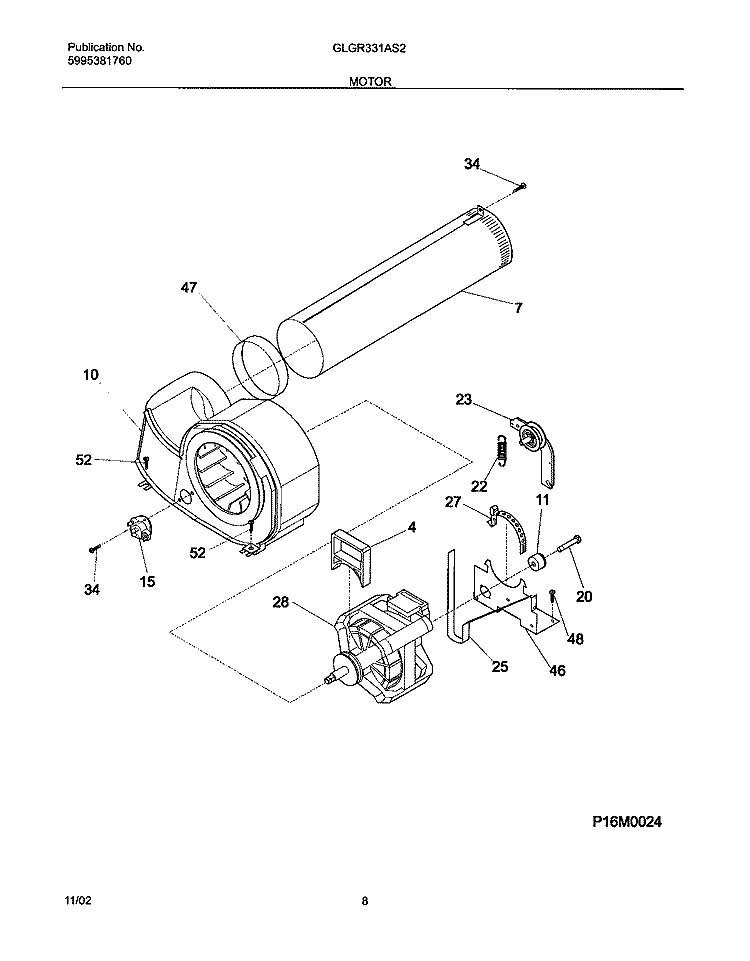 MOTOR Diagram and Parts List for GLGR331AS2  Frigidaire Dryer