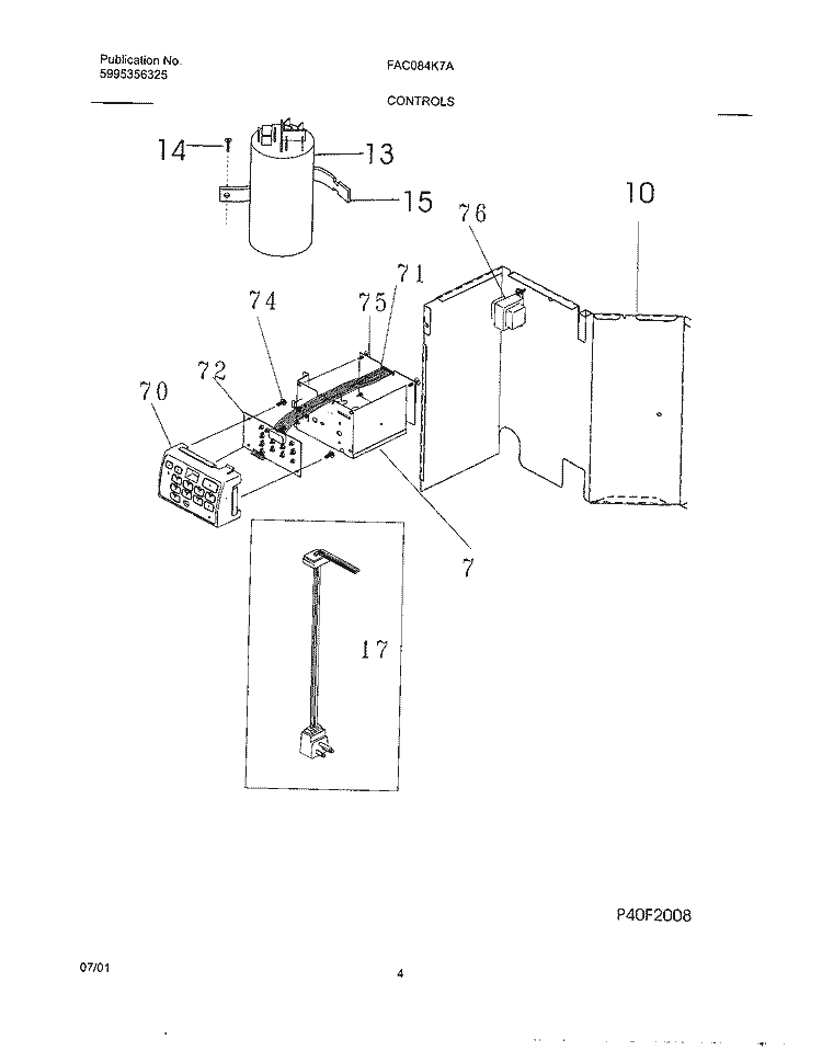 CONTROLS Diagram and Parts List for FAC084K7A4  Frigidaire Air Conditioner
