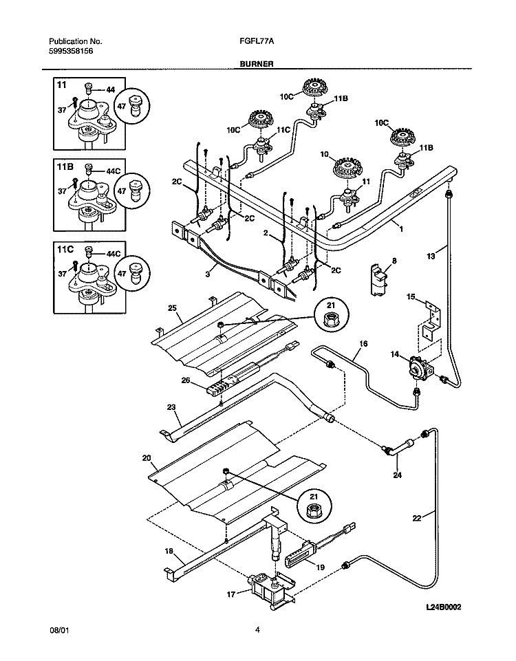 BURNER Diagram and Parts List for FGFL77ABB  Frigidaire Range