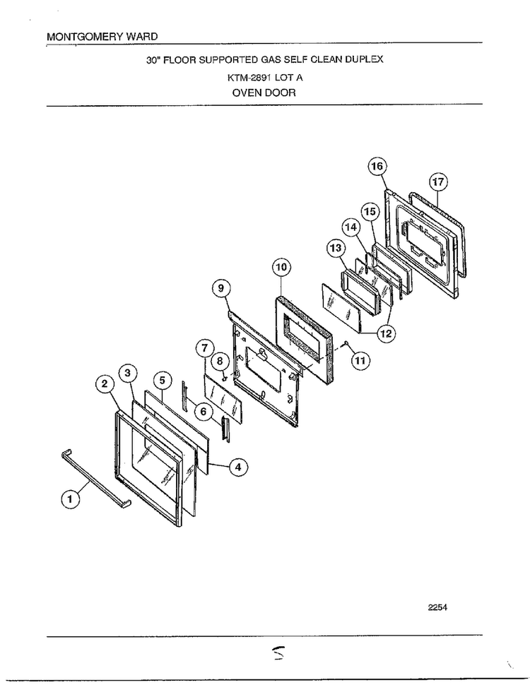 Oven Door Diagram and Parts List for 2891  Frigidaire Range