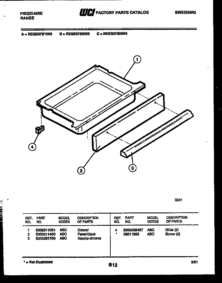 DRAWER PARTS Diagram and Parts List for REGS37BNW2  Frigidaire Range