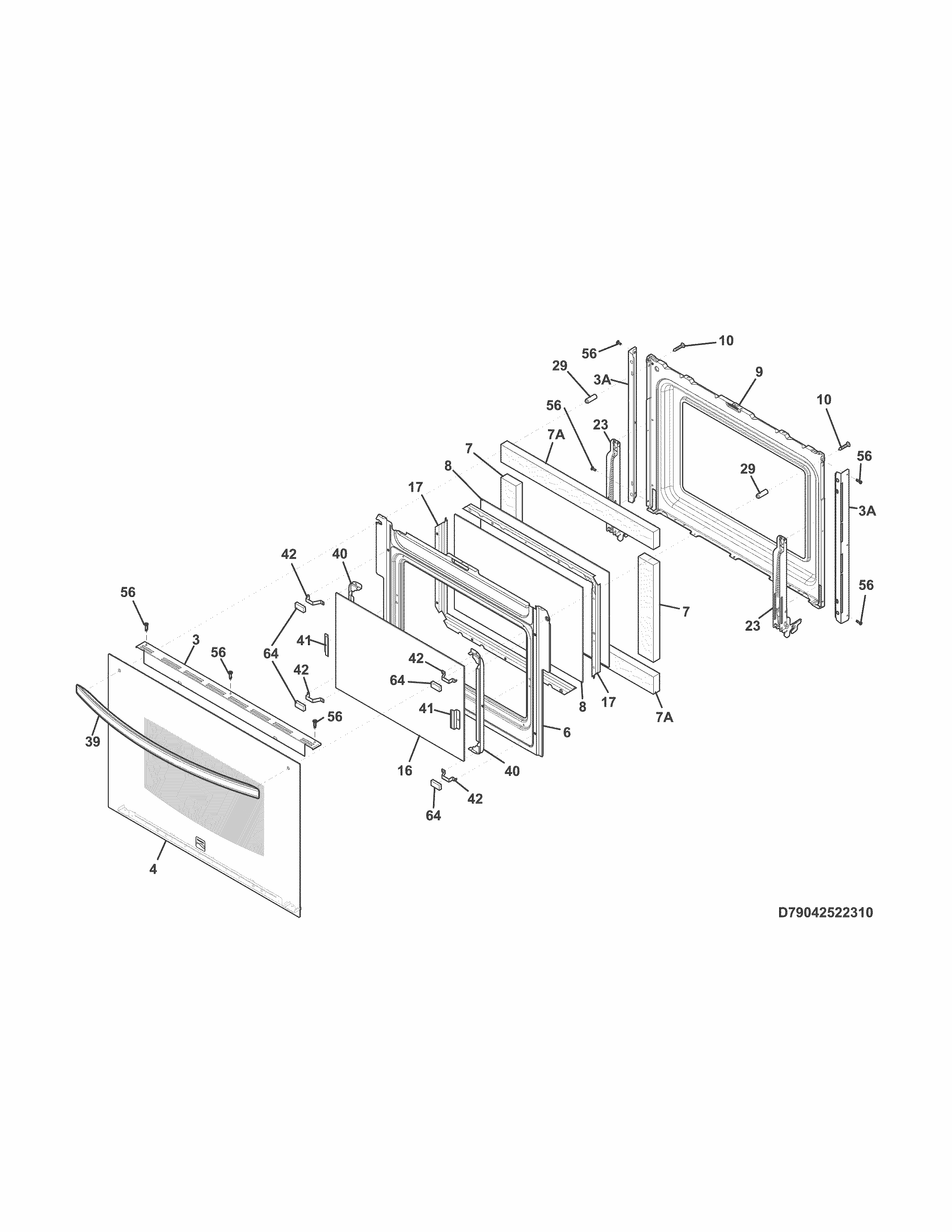 Door Diagram and Parts List for 79042542314  Kenmore Range