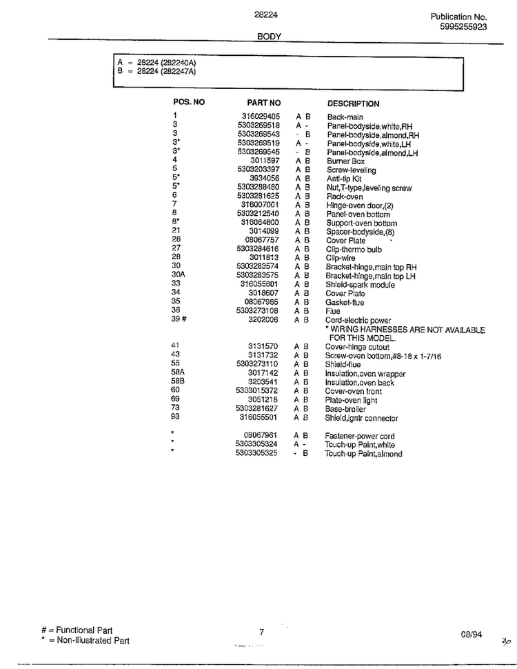 Body Page 2 Diagram and Parts List for 282240A  Frigidaire Range