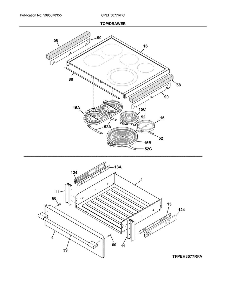 Top/drawer Diagram and Parts List for CPEH3077RFC  Frigidaire Range