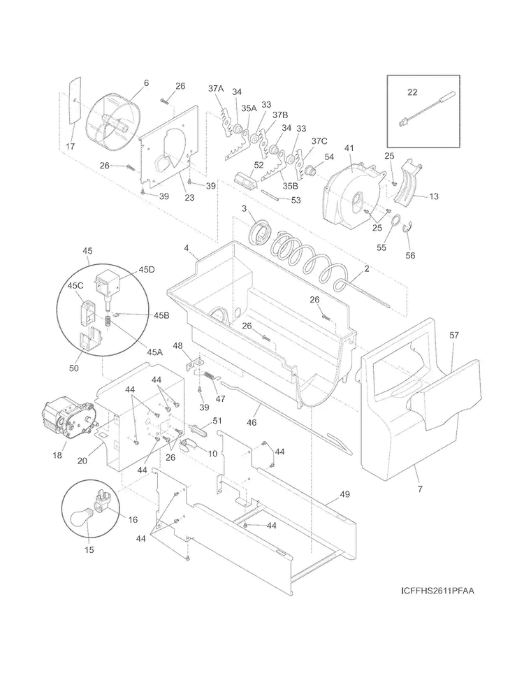 Ice Container Diagram and Parts List for FFHS2622MSVA  Frigidaire Refrigerator
