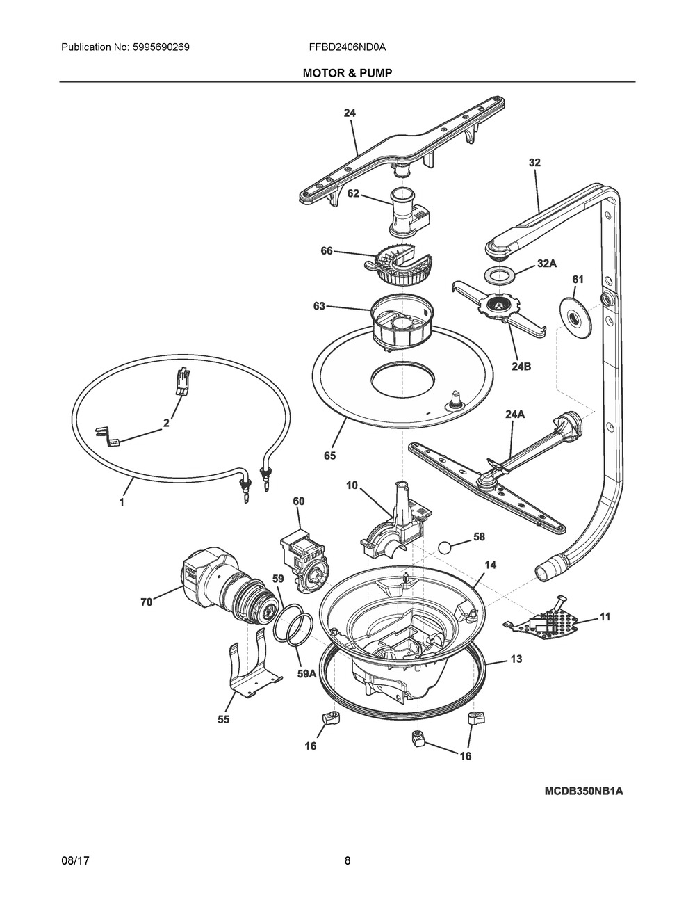 Motor & Pump Diagram and Parts List for FFBD2406ND0A  Frigidaire Dishwasher